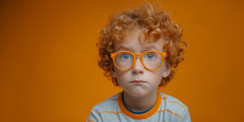 A young boy with curly red hair and orange glasses against an orange background