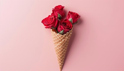 Red Roses in Waffle Cone on Pink Background