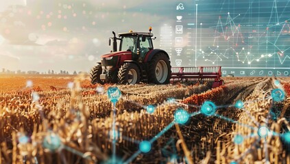 Smart Farming: Red Tractor in Golden Wheat Field