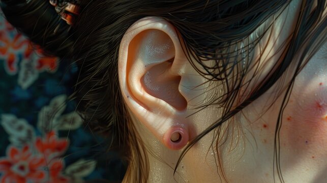 Close-up of a person's ear and the side of their face. The ear has a noticeable earring, and the skin has some blemishes and a few visible hairs