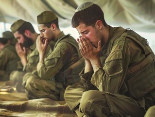 Israeli Soldiers Praying Together in Solemn Moment at Military Base