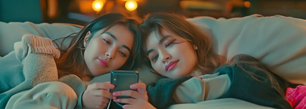Sitting on a comfortable couch at home, an attractive Asian young lesbian lover is reclining on her partner's lap and using a smartphone and tablet to browse the internet.