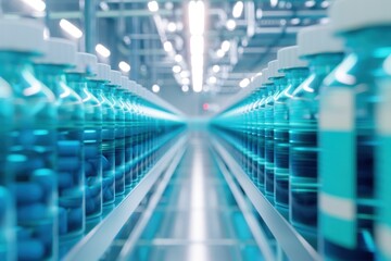 Rows of vials in a modern laboratory setting, symbolizing precision, advanced technology, and pharmaceutical research and development.