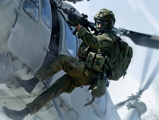 Israeli Special Forces Troops RepellingHelicopter in Military Operation.