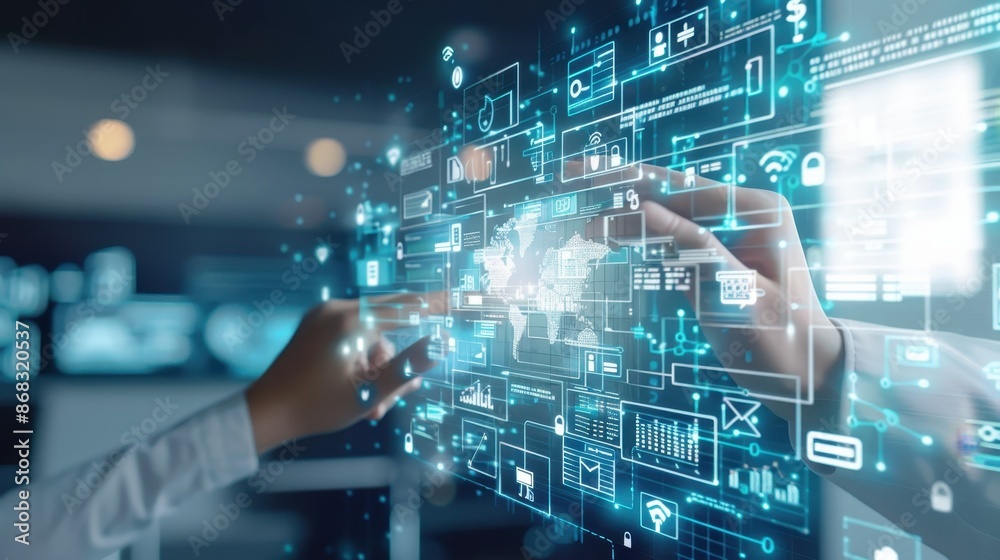Poster innovative technology interface with hand interacting with digital data, symbolizing advanced analyt
