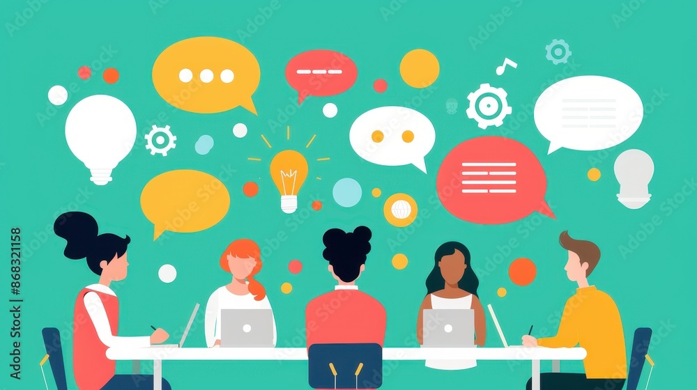 Poster Illustration of a diverse group of people engaging in a collaborative brainstorming session with speech bubbles and icons on a green background.