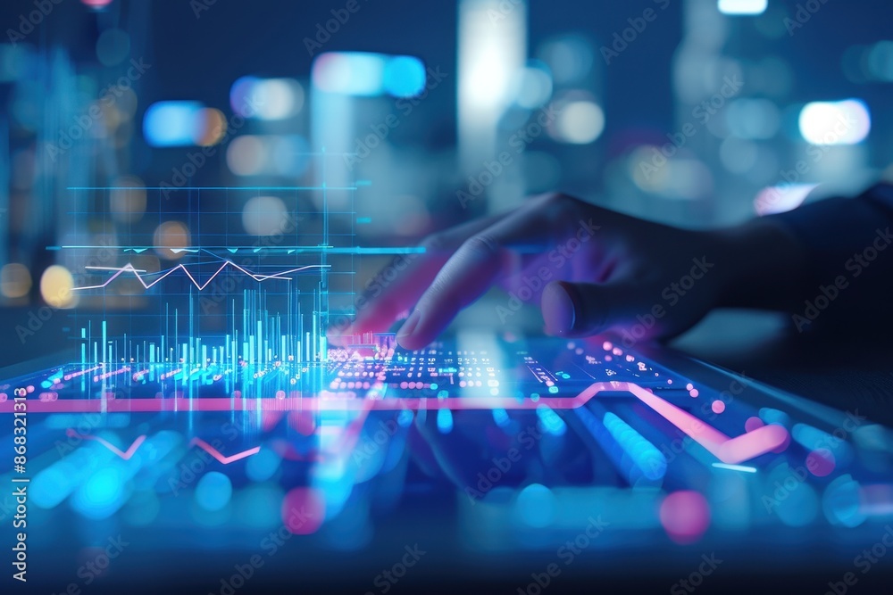 Aufkleber hand interacting with digital interface, data analysis and technology concept, futuristic city backg