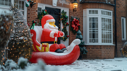 Front garden Christmas Santa Sleigh decorations giant inflatable holiday decor festive yard display cheerful seasonal outdoor scene family fun home happy bright colorful spirit neighborhood cute xmas