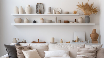 Minimalist wall design with floating shelves holding a refined and curated assortment of decor items.