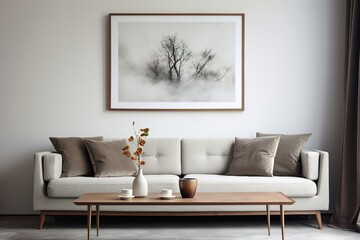 Idea of a green scandinavian living room interior with sofa, vases on the wooden floor and pictures on the large wall and white landscape in window. Home