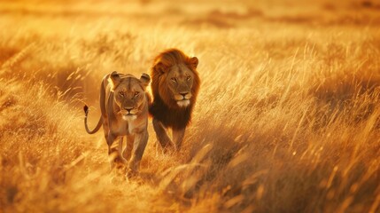 Fototapeta premium Lion and lioness strolling together in african savannah at sunset realistic cinematic glow