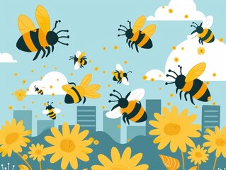 Colorful illustration of bees flying over a vibrant field of yellow flowers with a city skyline in the background.
