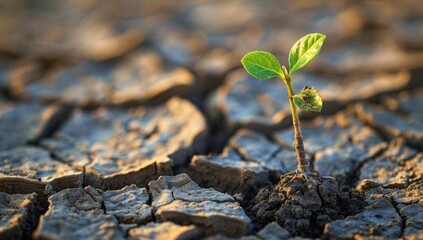 Young Green Plant Growing on Dry Cracked Soil