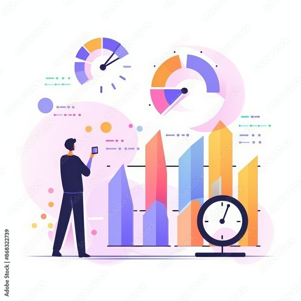 Leinwandbilder Businessman analyzing colorful data charts and graphs on a digital interface for performance metrics and market trends evaluation.