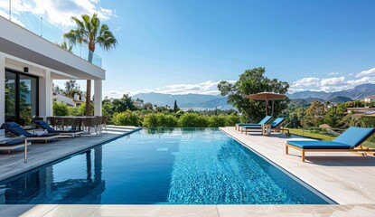 Fototapeta premium Modern Villa with Pool and Mountain View in Blue Skies