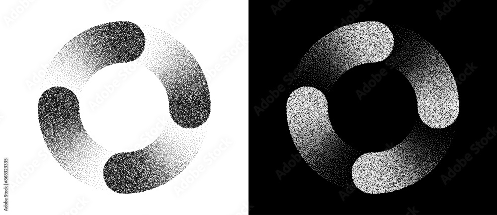 Poster Modern abstract background with stipple circle or spiral. Round dotted logo. Black shape on a white background and the same white shape on the black side.