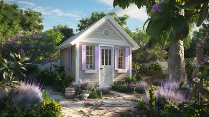 countryside tea house with light lavender Bahama shutters, nestled in a tranquil garden setting