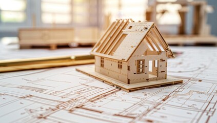 Architectural Model on Blueprint with Wooden Details