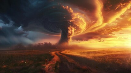 tornadic supercell over scary tornado at sunset seamless looping overlay 4k virtual video animation background