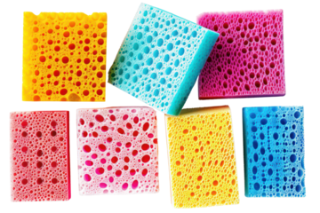 Colorful sponges in various shapes and textures for versatile cleaning tasks. Perfect for household chores and maintaining cleanliness.