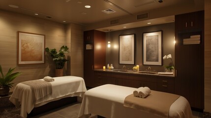 Peaceful spa room with massage tables, soothing decor, warm lighting, and relaxing ambiance.