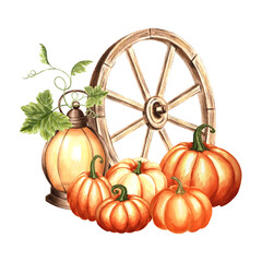 Pumpkins with cart wheel and vintage lantern. Harvest Autumn composition. Hand drawn watercolor illustration isolated. Thanksgiving traditional vegetables. Template for card, Halloween, embroidery.