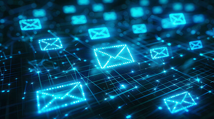 A digital background with glowing blue envelopes on a dark background, representing fast and modern email marketing. A background of a digital email icon floating in the air, newsletter concept. 