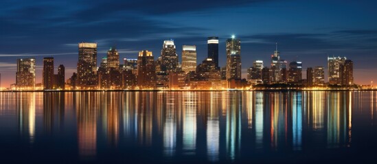 Nighttime Skyline of a City with Reflections in Water