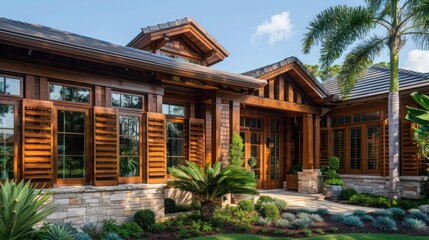 Fototapeta premium craftsman-style home with wooden Bahama shutters, stained to highlight the natural wood grain