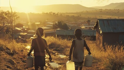 Children carrying water at sunset in rural village