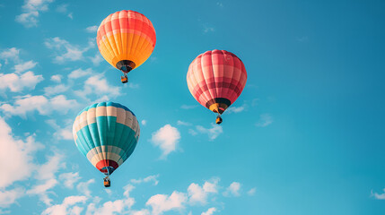 Fototapeta premium Hot air balloons on the sky in the morning, Magical view with hot air balloons, Colorful hot air balloons in blue sky, Colorful hot air balloons flying in blue sky, Few colorful, hot air balloons 