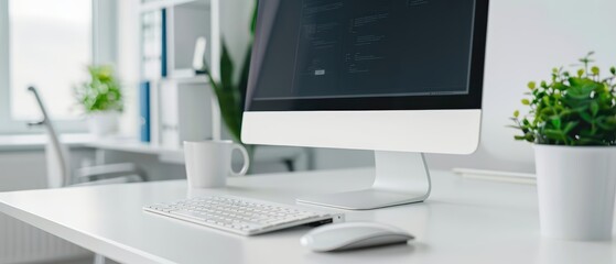 A clean, modern workspace featuring streamlined workstations and augmented reality tools with copy space