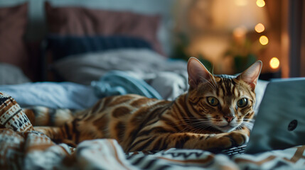 A beautiful Bengal cat lies next to a laptop on the bed, 32k, full ultra hd, high resolution --ar 16:9