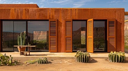 desert hacienda with terra cotta-colored Bahama shutters, reflecting the earthy tones of the arid landscape