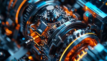 Fototapeta premium Futuristic Machine Parts with Blue and Orange Lighting