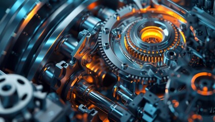 Fototapeta premium Close-up of Mechanic Pistons with Industrial Blue and Orange