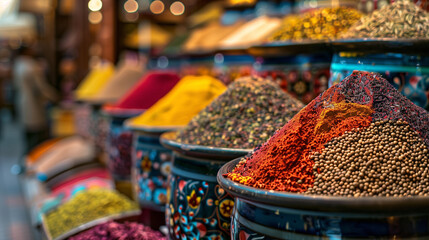 A picture of colorful spices on a store at the Dubai Spice Souk, 32k, full ultra hd, high resolution --ar 16:9