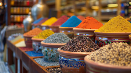A picture of colorful spices on a store at the Dubai Spice Souk, 32k, full ultra hd, high resolution --ar 16:9