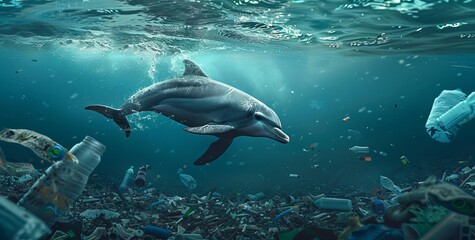 Fototapeta premium Marine Pollution: Dolphin Swimming in Plastic-filled Ocean