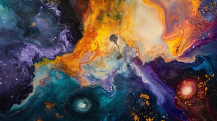 Fototapeta premium Abstract cosmic scene with vibrant colors, swirling patterns, and a range of celestial elements.