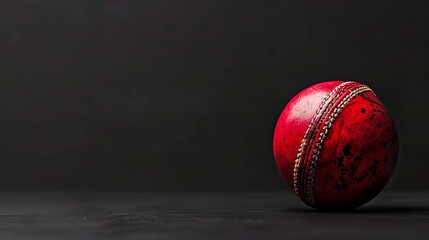 Red cricket ball on a black background, cricket attire on the right side, open background with plenty of text space, banner idea.