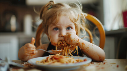 Adorable messy little child girl hungry use hand eating spaghetti sitting in high-powered chair at home. Toddler child dirty with tomato sauce making mess face looking at food. Self-feeding concept
