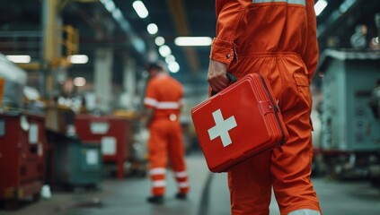 Emergency response workers in industrial setting with first aid kit