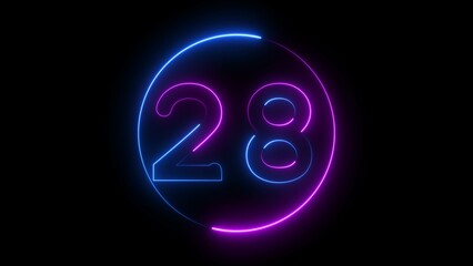 Glowing neon number twenty-eight , neon light colorful number of twenty-eight illustration.  