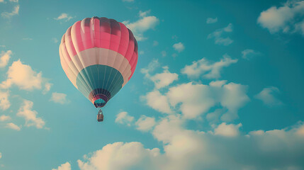 Fototapeta premium Colorful balloon over bright sky with clouds,Colorful hot air balloon flying in the blue sky,a brightly colored balloon in the blue sky against a background of white clouds 