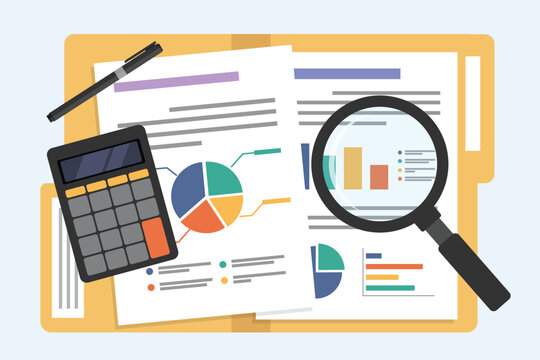 financial analysis with calculator and magnifying glass clip art preview