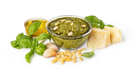 Pesto. Italian basil pesto sauce with culinary ingredients for cooking