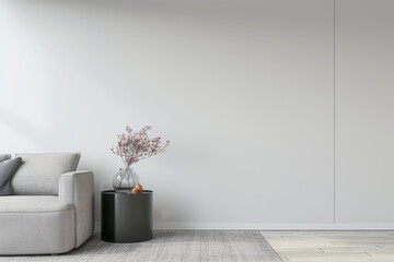 Minimalist interiors with minimal furniture in neutral colors with natural lighting and copy space. Extreme minimalist residential realty conceptual image.
