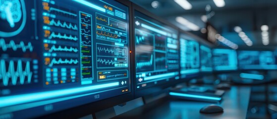 Fototapeta premium A futuristic medical facility featuring neonlit diagnostic tools and a modern virtual interface with copy space
