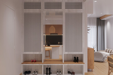 An open large and wide interior of foyer with cabinet, white colors and wood floor